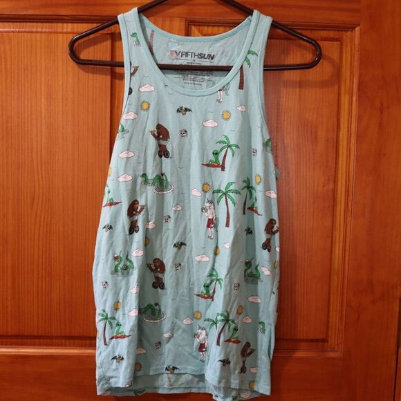 Fifth Sun Blue Green Tank Top Weird Unique Print Small - Picture 2 of 12